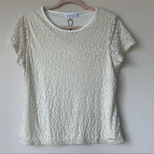 Calvin Klein NWT Ivory Leopard Velvet Velour Blouse Short Sleeve Size PL
